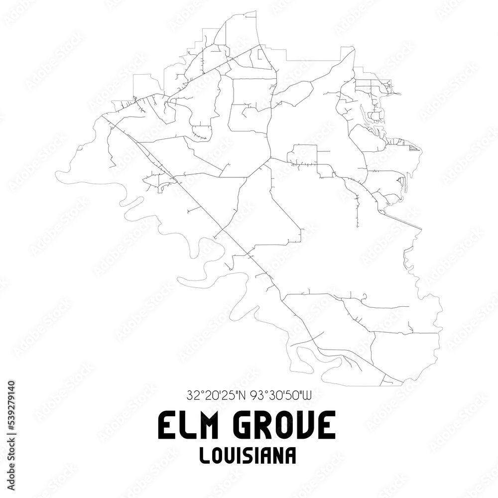 Elm Grove Louisiana. US street map with black and white lines.