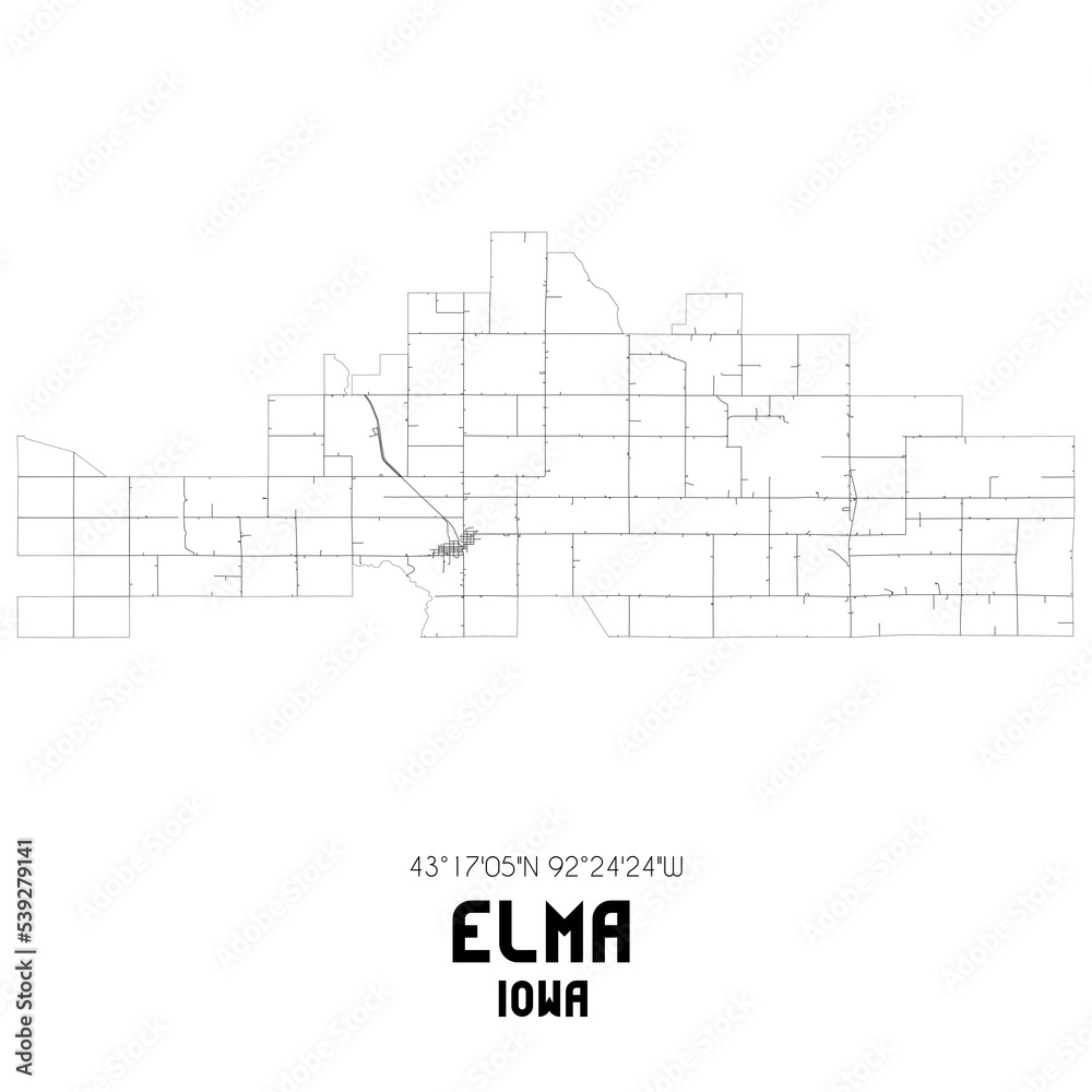 Elma Iowa. US street map with black and white lines.