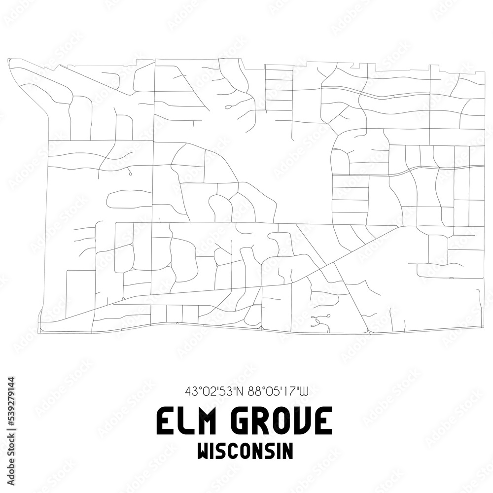 Elm Grove Wisconsin. US street map with black and white lines.