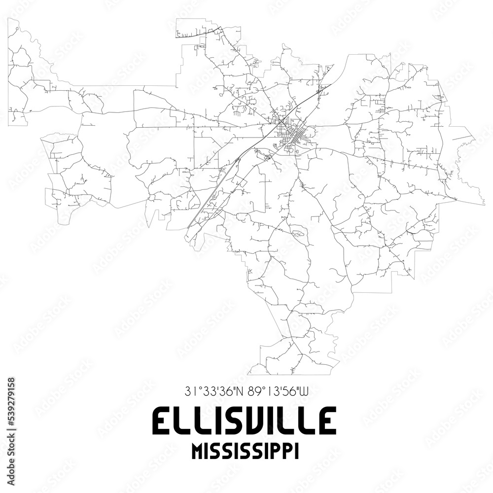 Ellisville Mississippi. US street map with black and white lines.