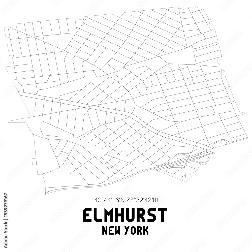 Elmhurst New York. US street map with black and white lines.