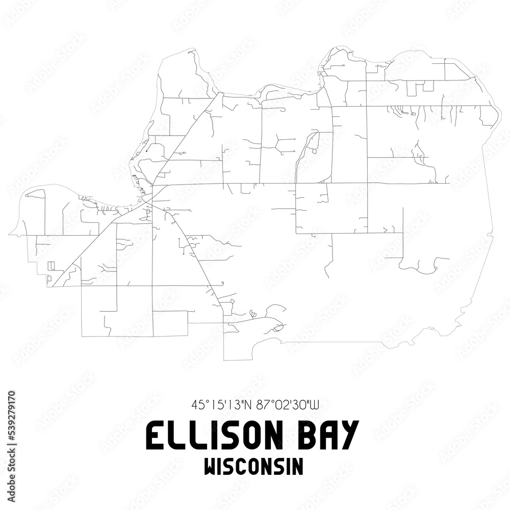 Ellison Bay Wisconsin. US street map with black and white lines.