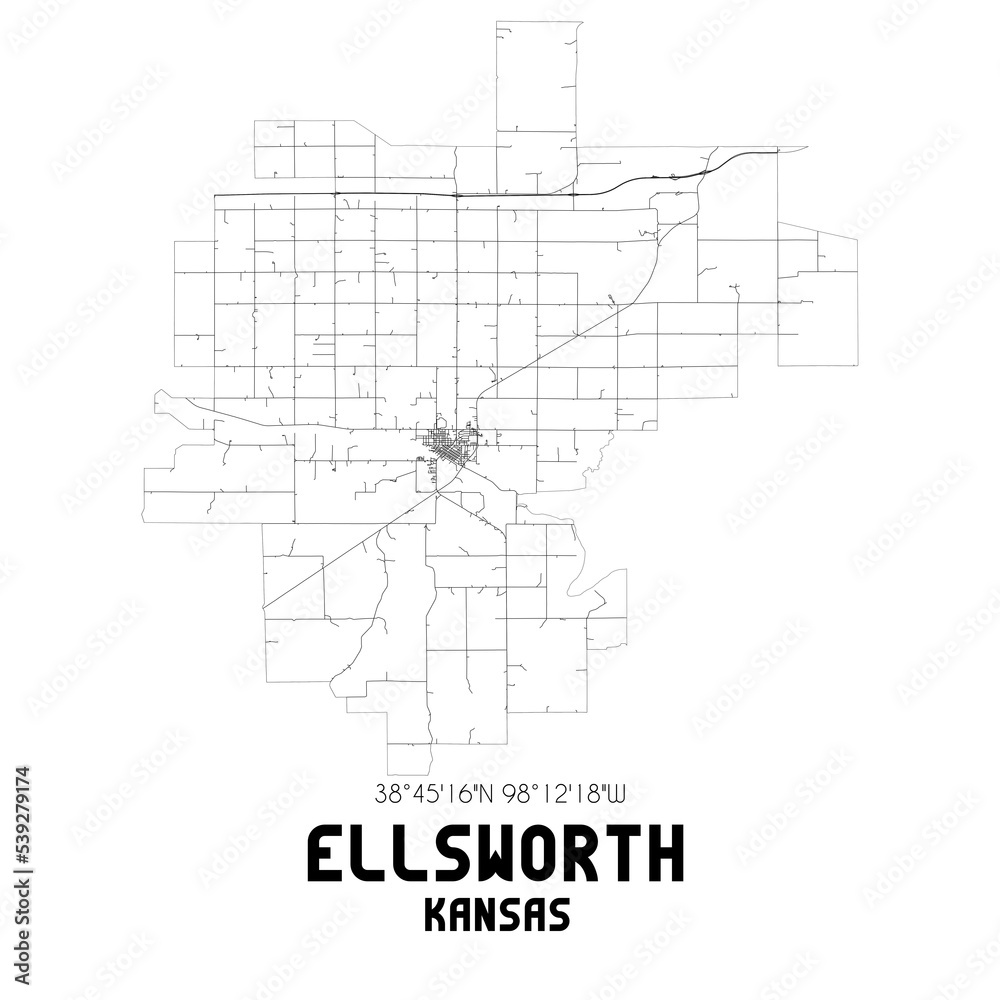 Ellsworth Kansas. US street map with black and white lines.