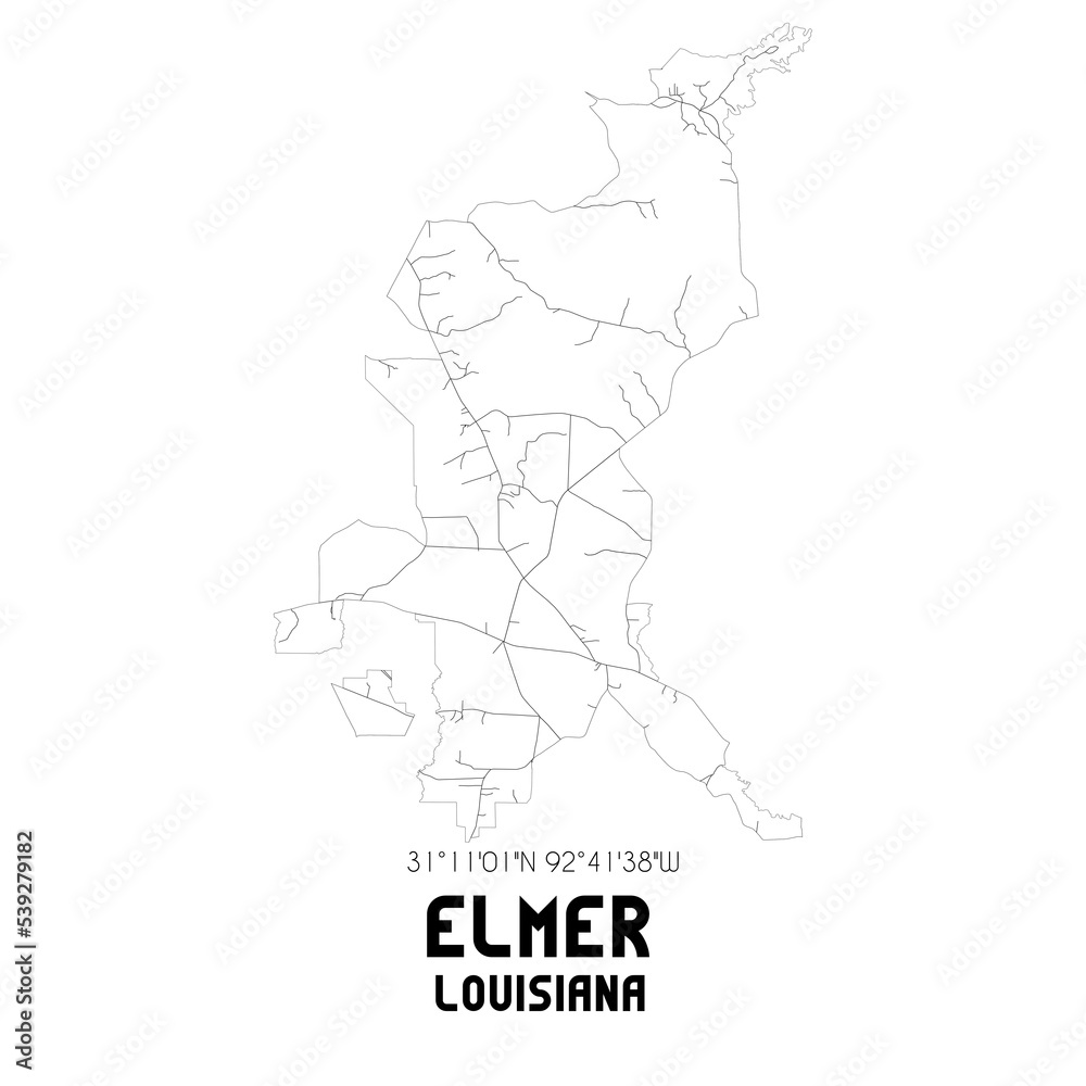 Elmer Louisiana. US street map with black and white lines.