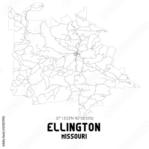 Ellington Missouri. US street map with black and white lines.