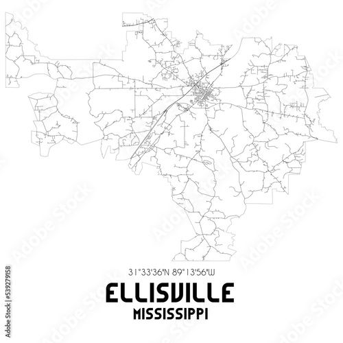 Ellisville Mississippi. US street map with black and white lines.