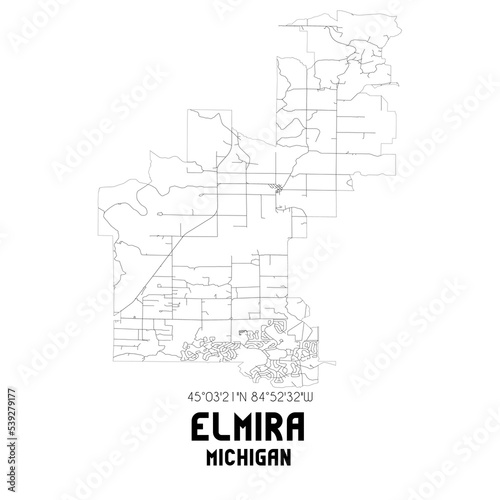 Elmira Michigan. US street map with black and white lines.