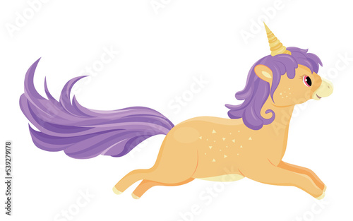 Beige unicorn running. Charming animal with purple mane and horn. Fantasy and imagination. Sticker for social networks and messengers. Toy or mascot for children. Cartoon flat vector illustration