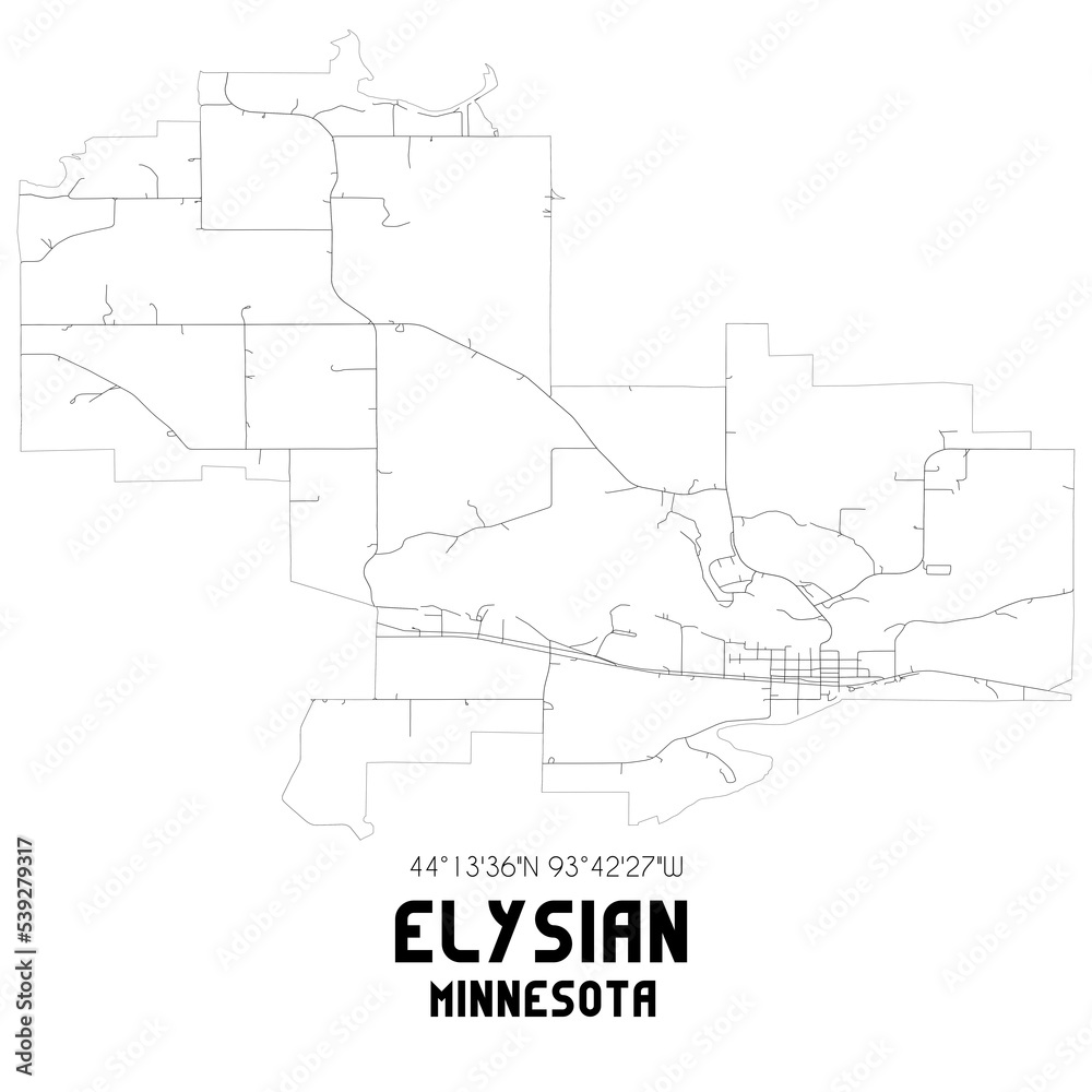 Elysian Minnesota. US street map with black and white lines.