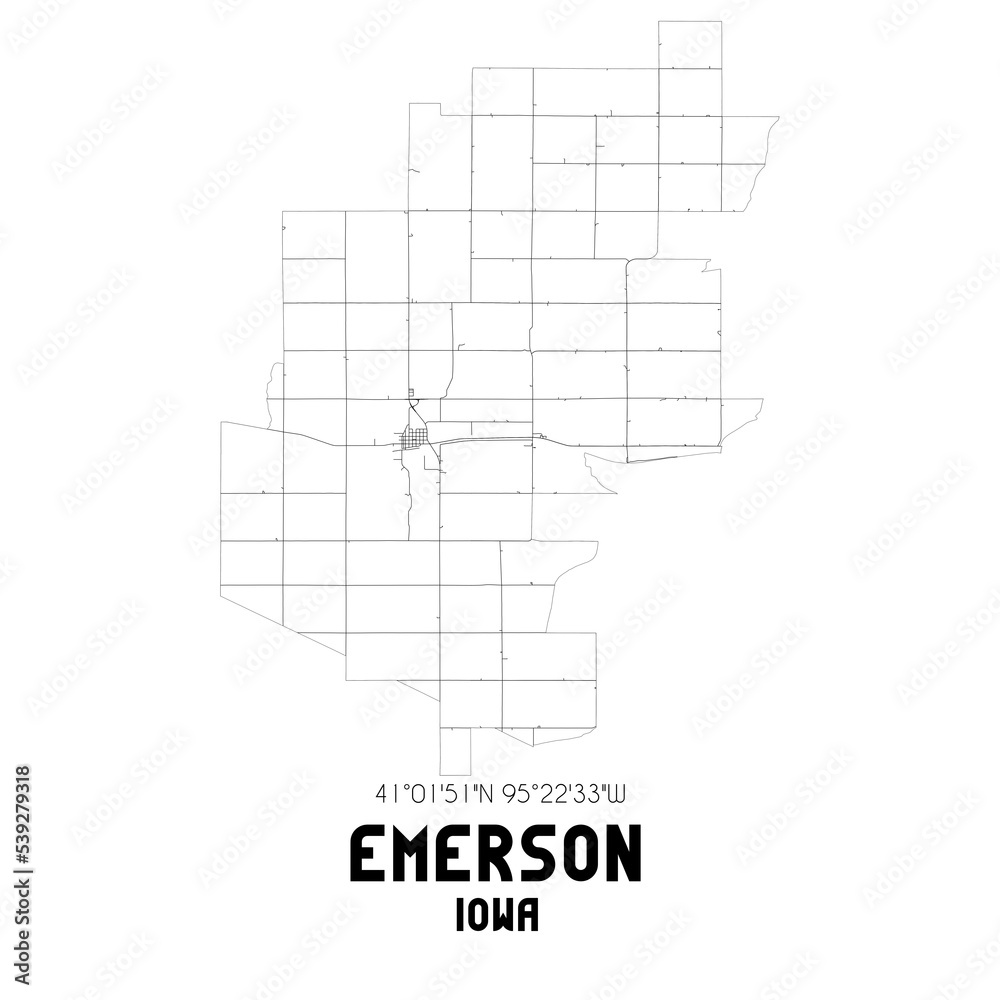 Emerson Iowa. US street map with black and white lines.