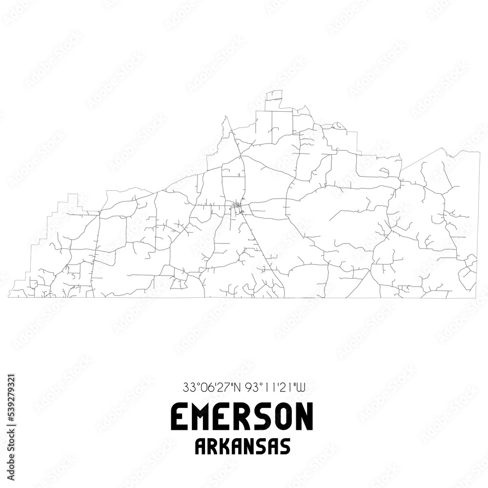 Emerson Arkansas. US street map with black and white lines.