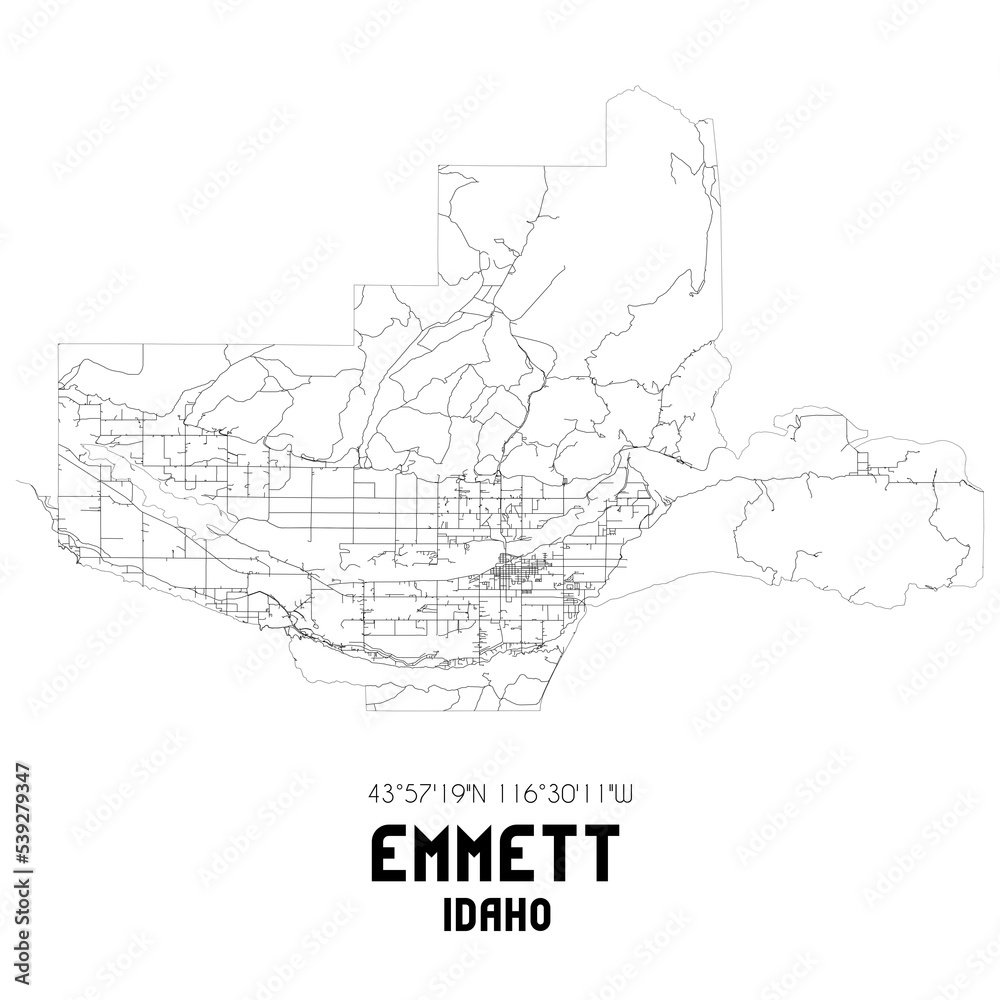 Emmett Idaho. US street map with black and white lines.