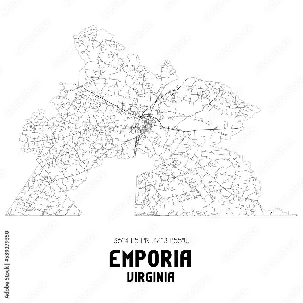 Emporia Virginia. US street map with black and white lines.