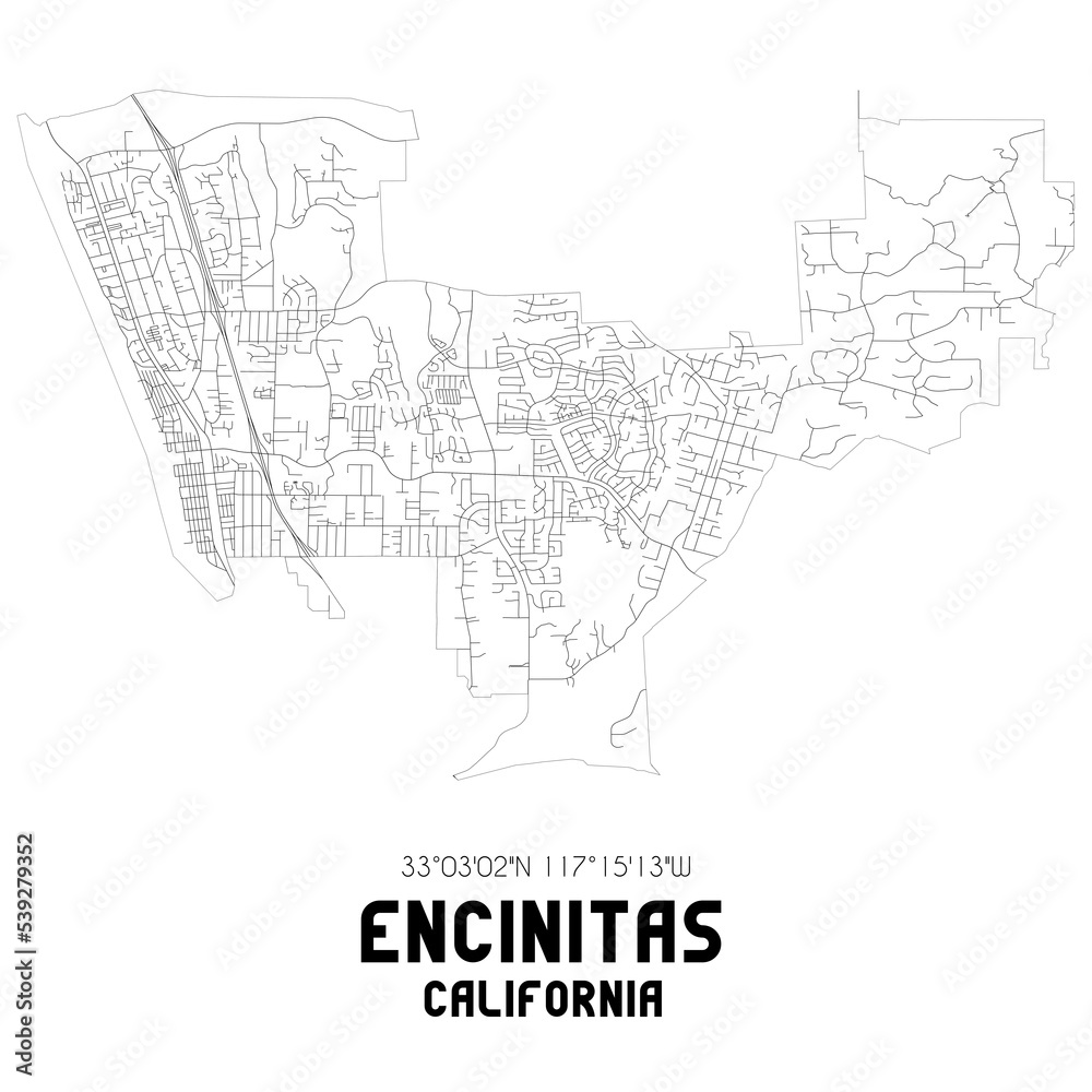Encinitas California. US street map with black and white lines.