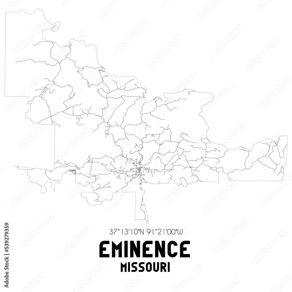 Eminence Missouri. US street map with black and white lines.