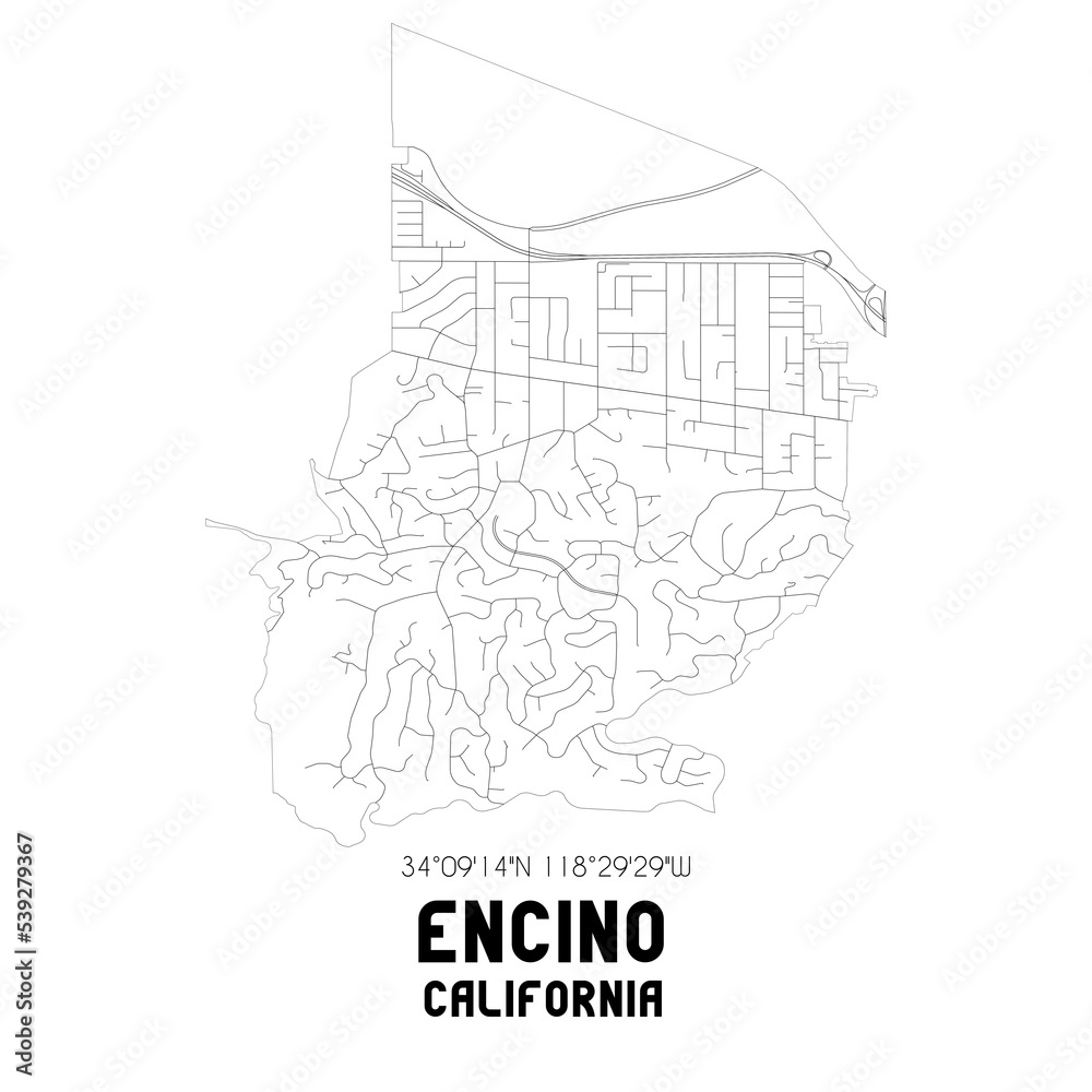 Encino California. US street map with black and white lines.