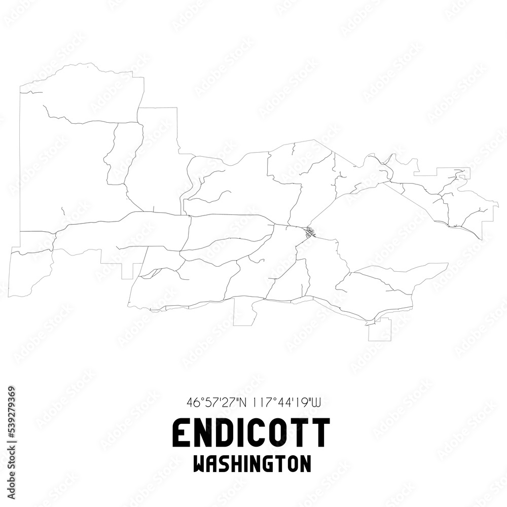 Endicott Washington. US street map with black and white lines.