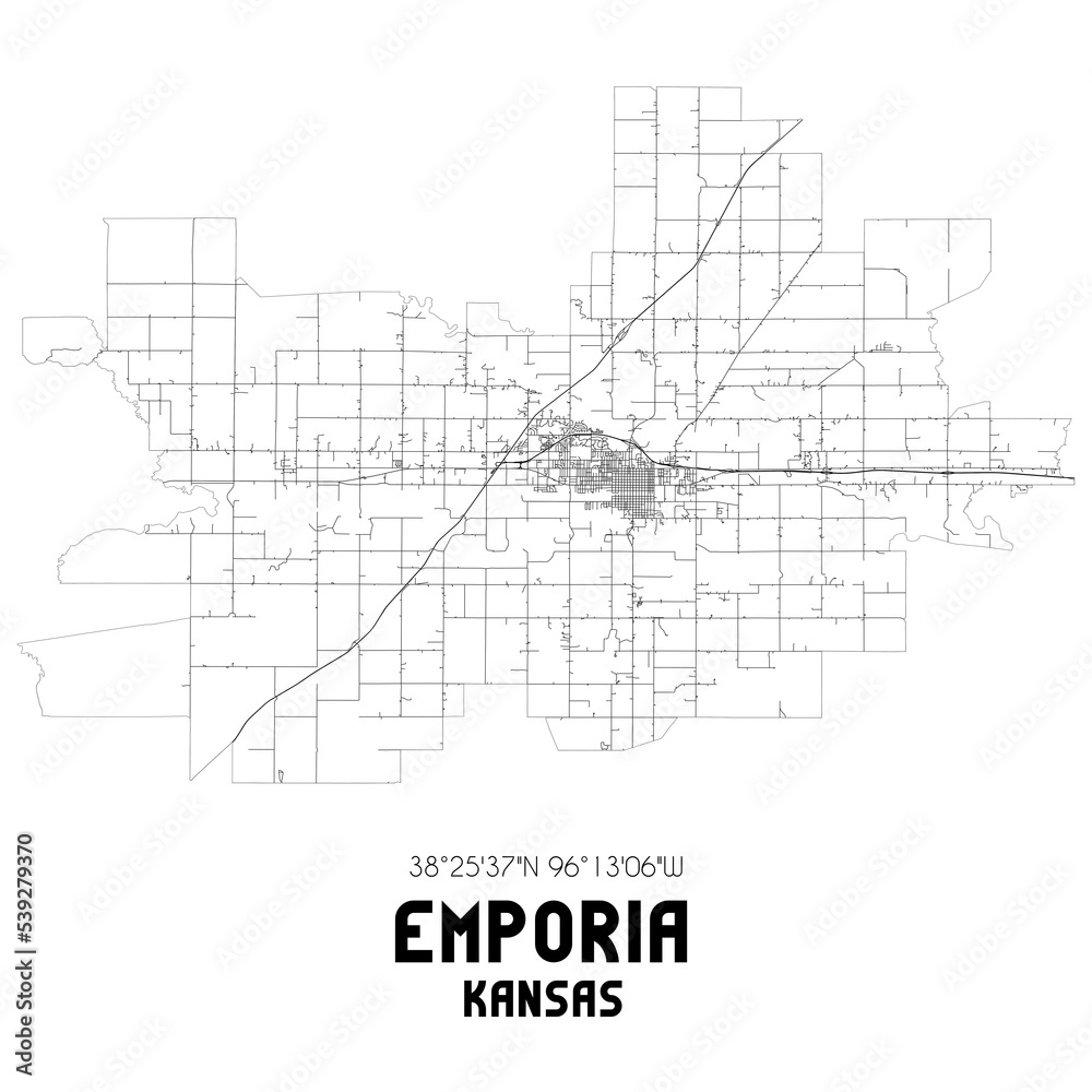 Emporia Kansas. US street map with black and white lines.