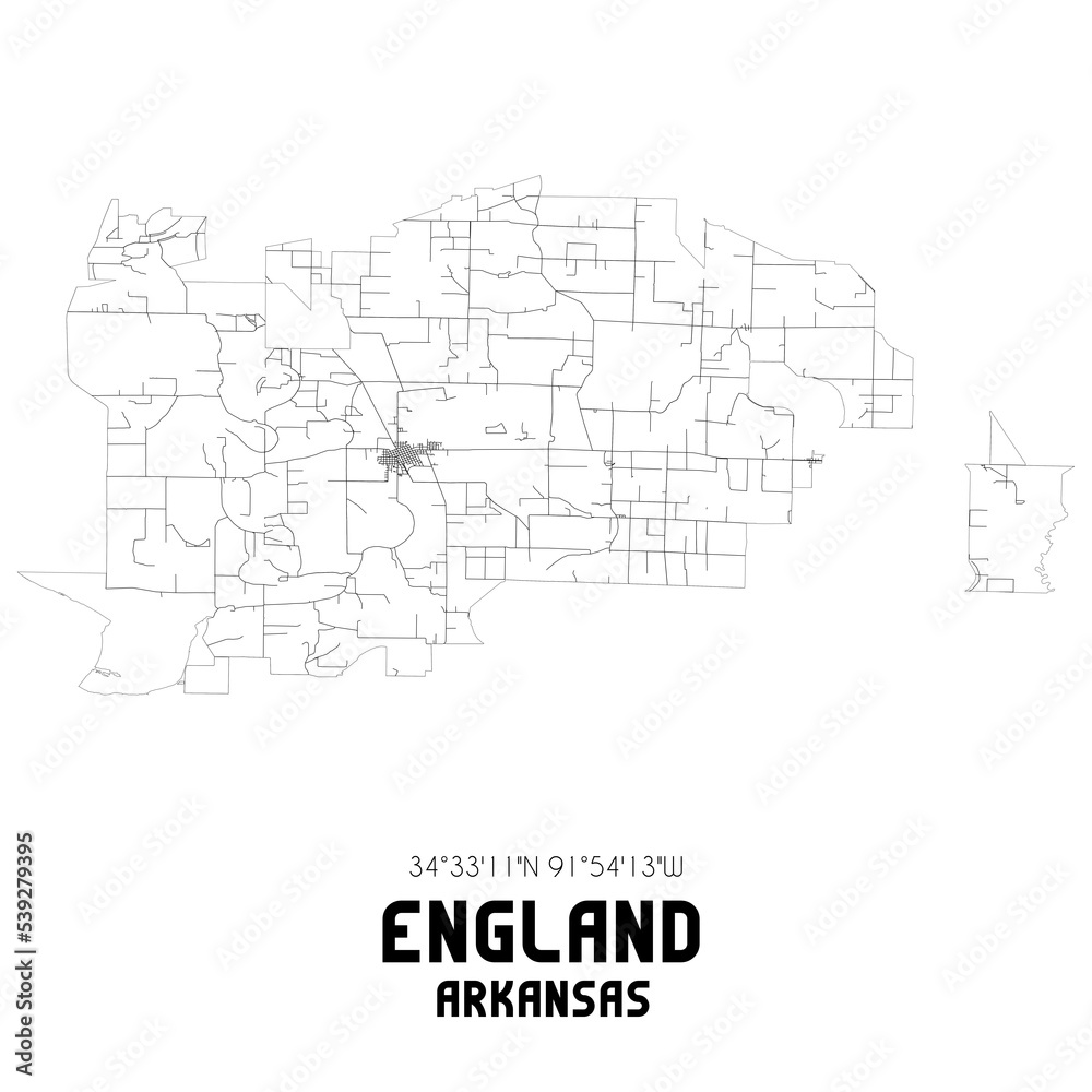 England Arkansas. US street map with black and white lines.