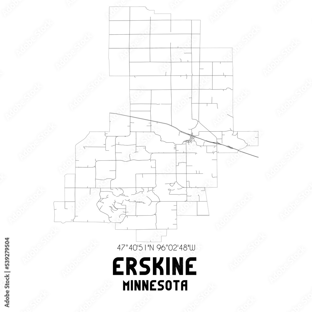 Erskine Minnesota. US street map with black and white lines.
