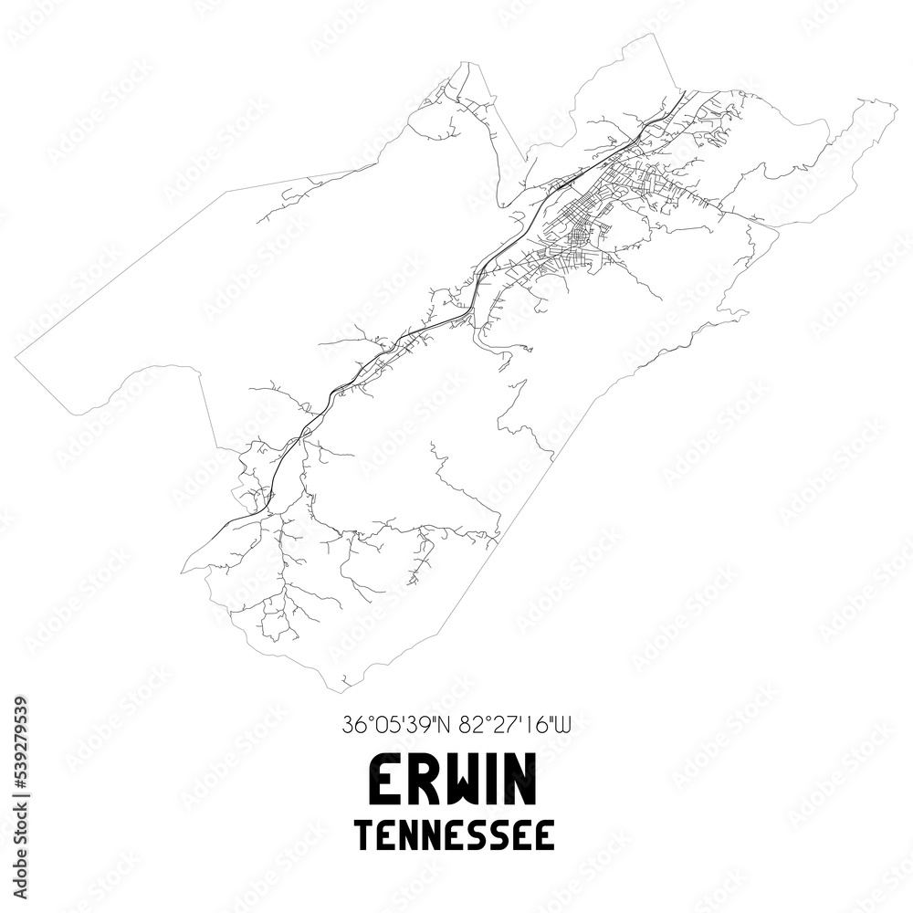 Erwin Tennessee. US street map with black and white lines.