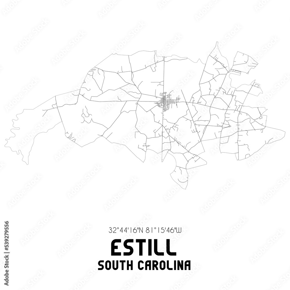Estill South Carolina. US street map with black and white lines.