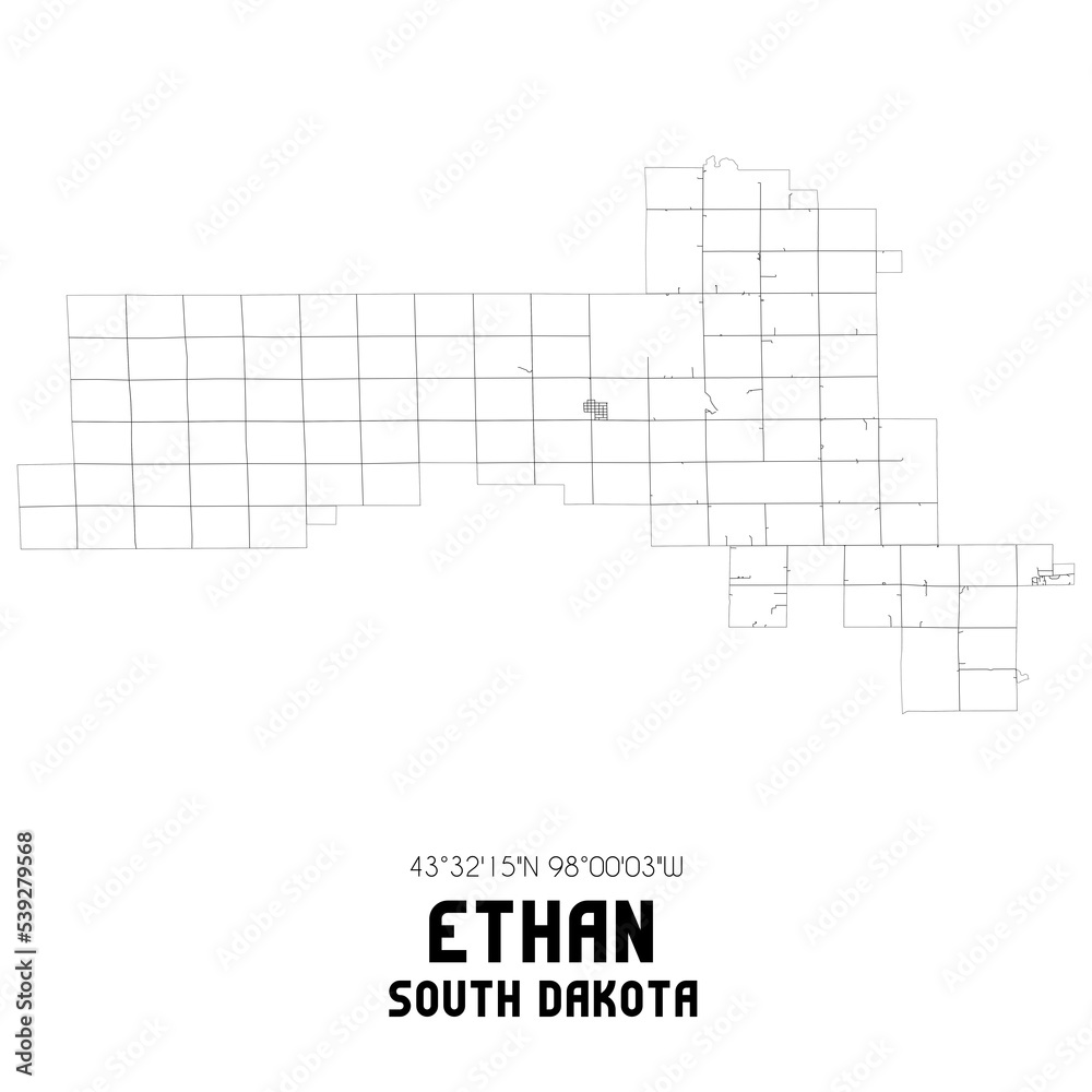 Ethan South Dakota. US street map with black and white lines