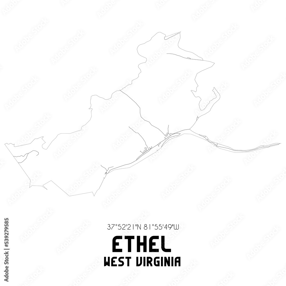 Ethel West Virginia. US street map with black and white lines.