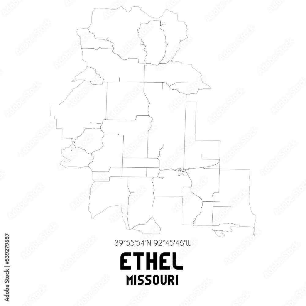 Fototapeta mapa świata dla dzieci Ethel Missouri. US street map with black and white lines