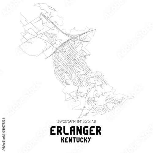 Erlanger Kentucky. US street map with black and white lines.