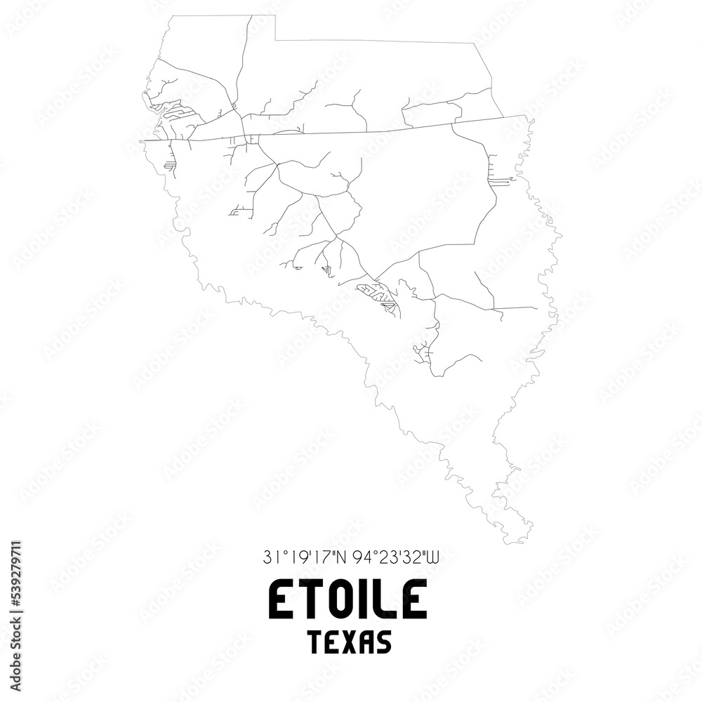 Etoile Texas. US street map with black and white lines.