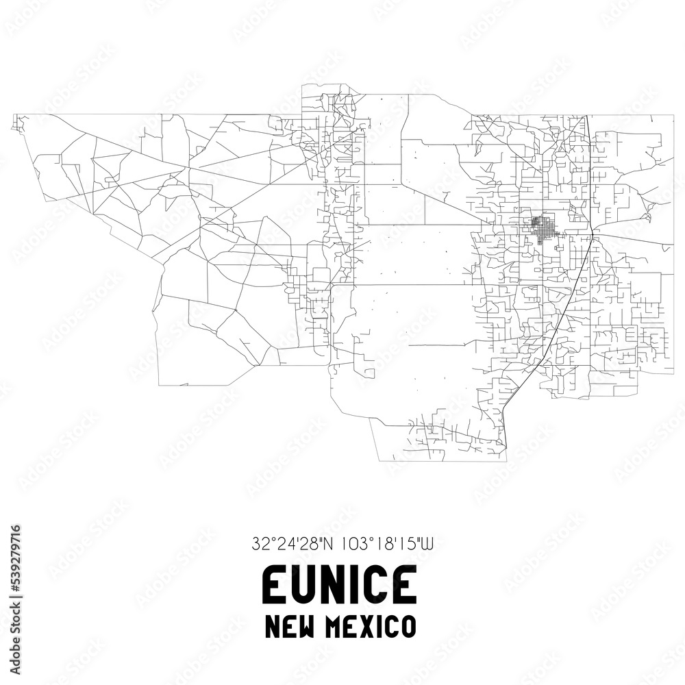 Eunice New Mexico. US street map with black and white lines.