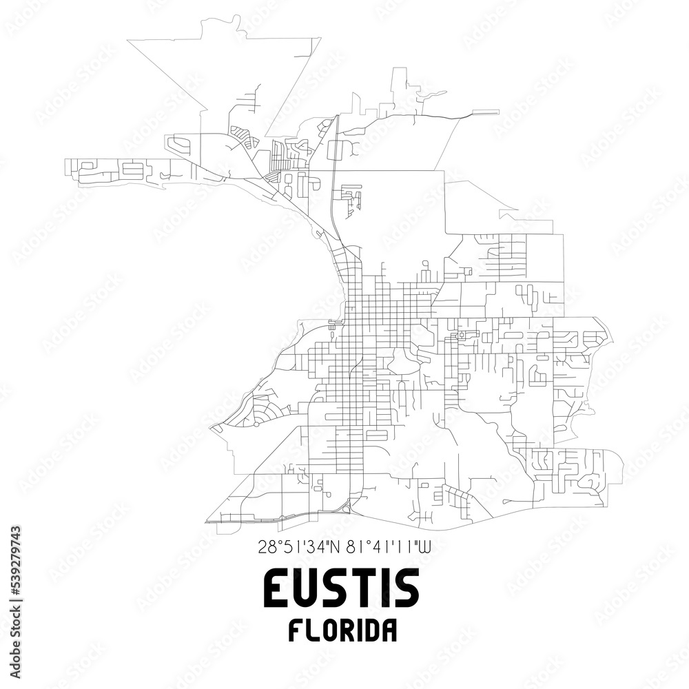 Eustis Florida. US street map with black and white lines.