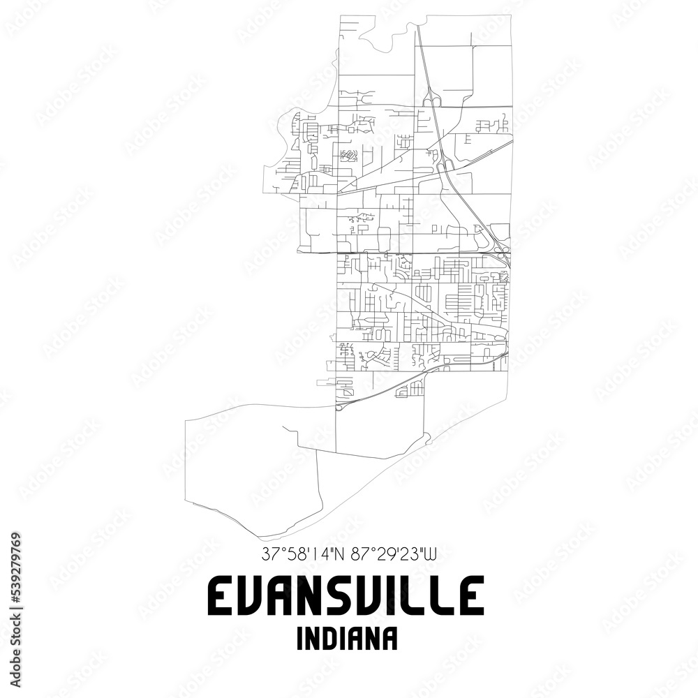 Evansville Indiana. US street map with black and white lines.