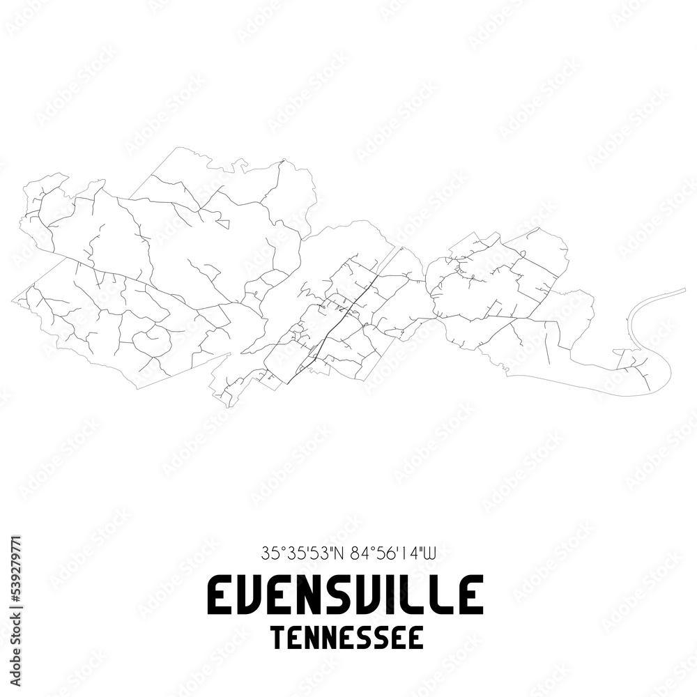 Evensville Tennessee. US street map with black and white lines.