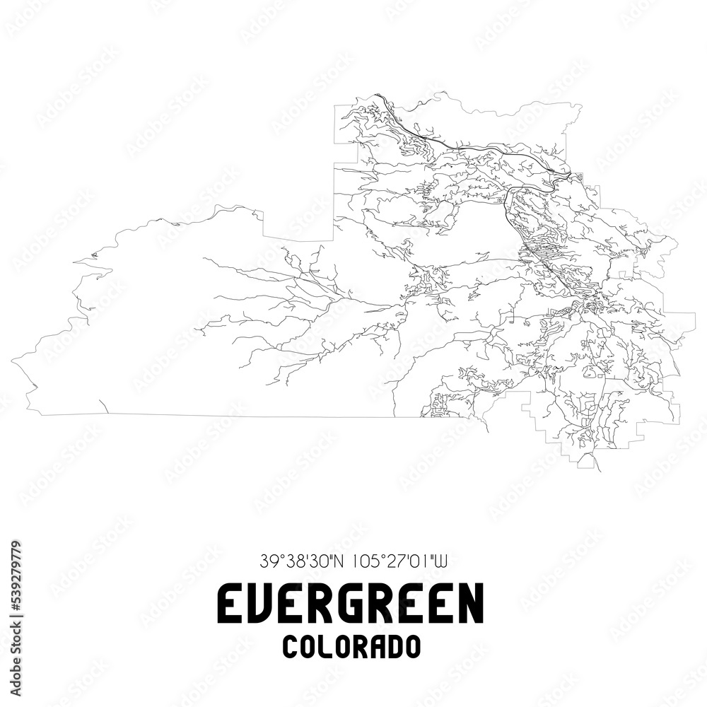 Evergreen Colorado. US street map with black and white lines.