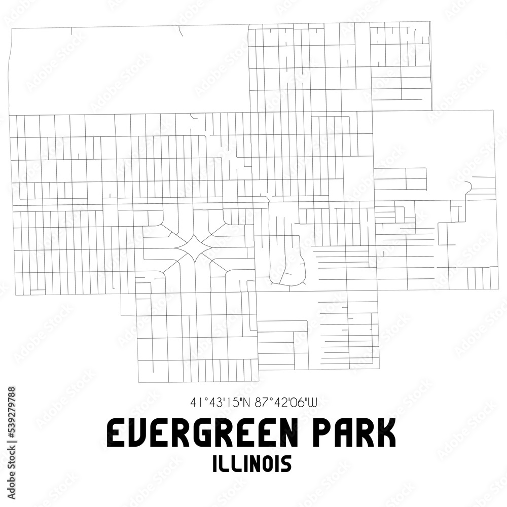 Evergreen Park Illinois. US street map with black and white lines.