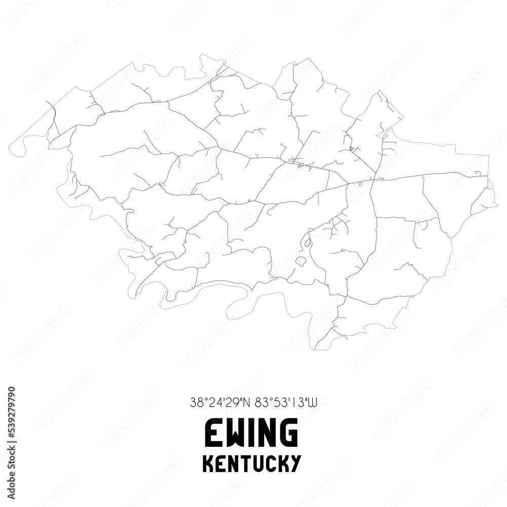 Ewing Kentucky. US street map with black and white lines.