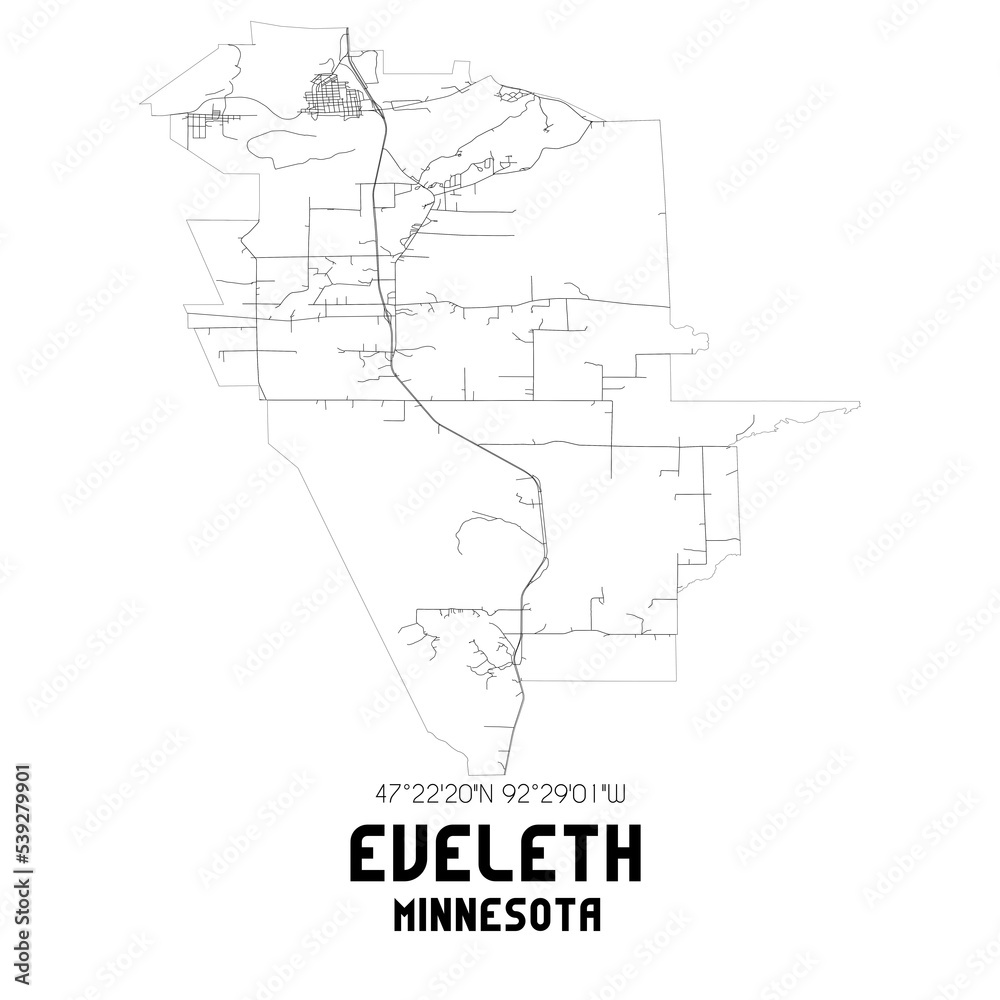 Eveleth Minnesota. US street map with black and white lines.