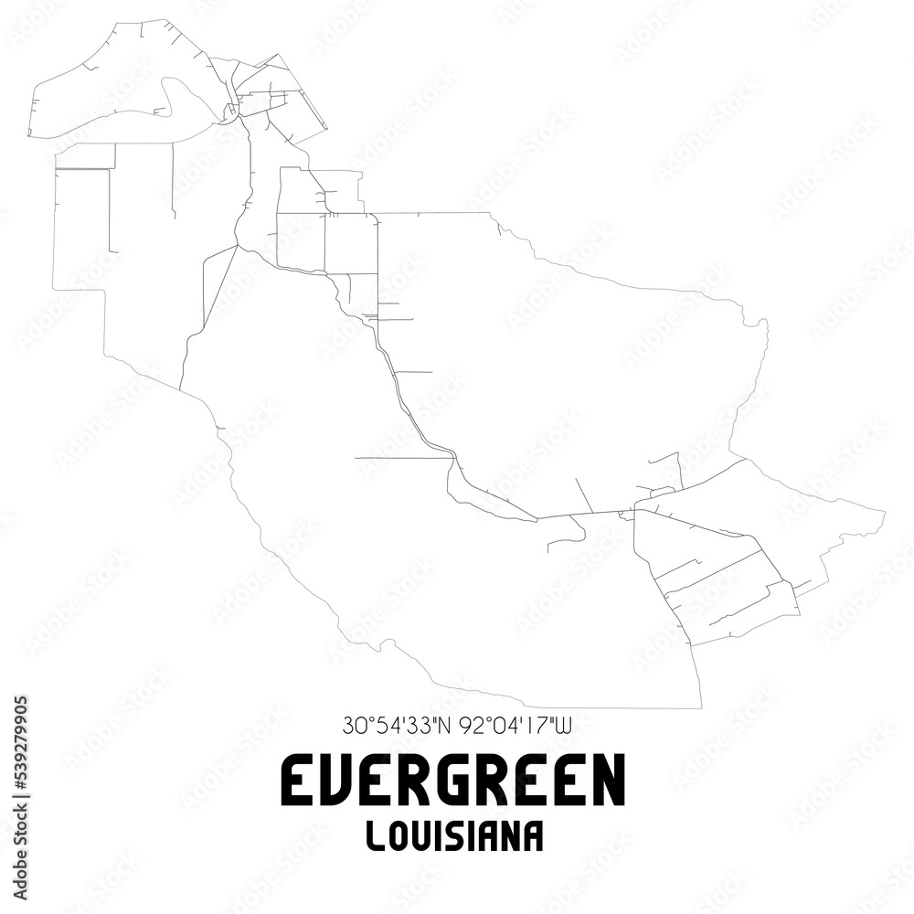 Evergreen Louisiana. US street map with black and white lines.