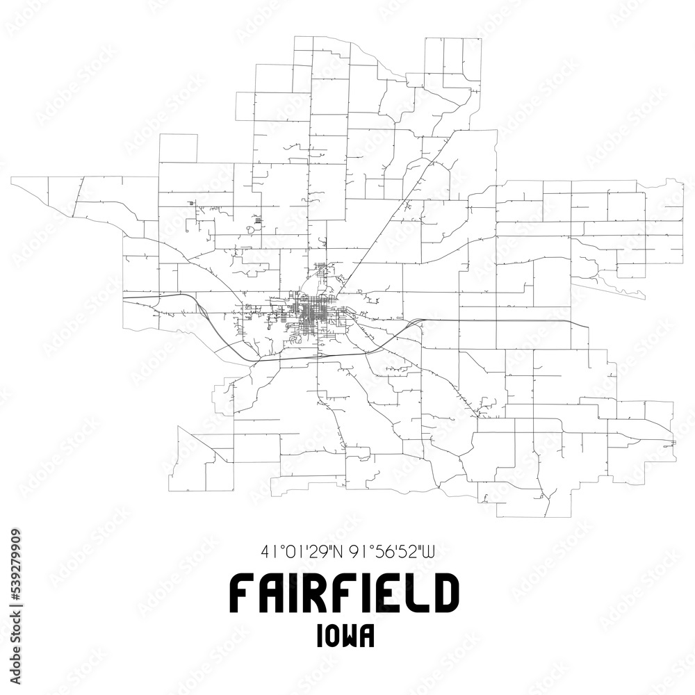Fairfield Iowa. US street map with black and white lines. Stock