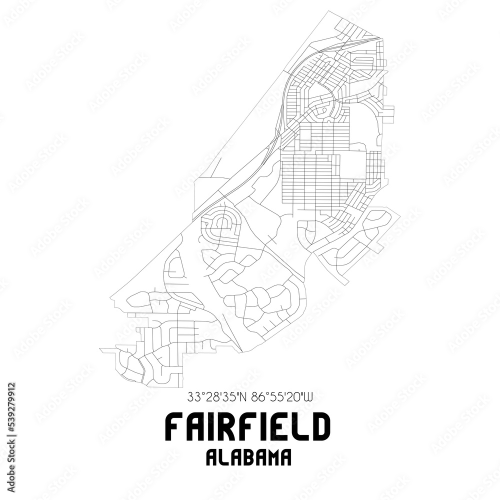 Fairfield Alabama. US street map with black and white lines.