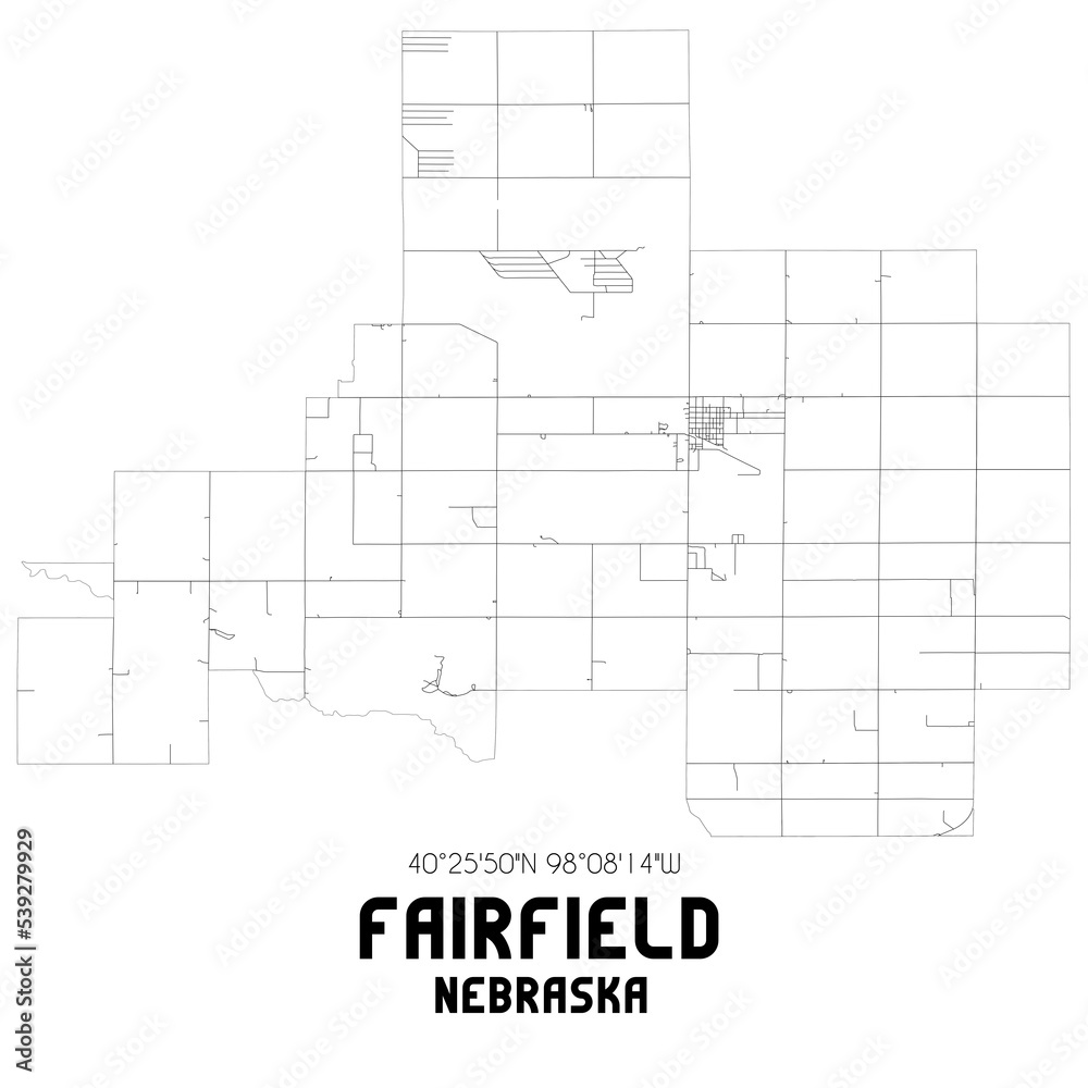 Fairfield Nebraska. US street map with black and white lines.