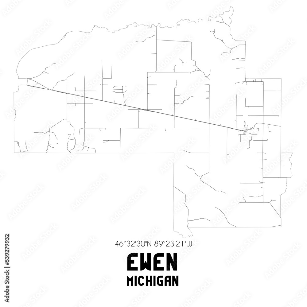 Ewen Michigan. US street map with black and white lines.