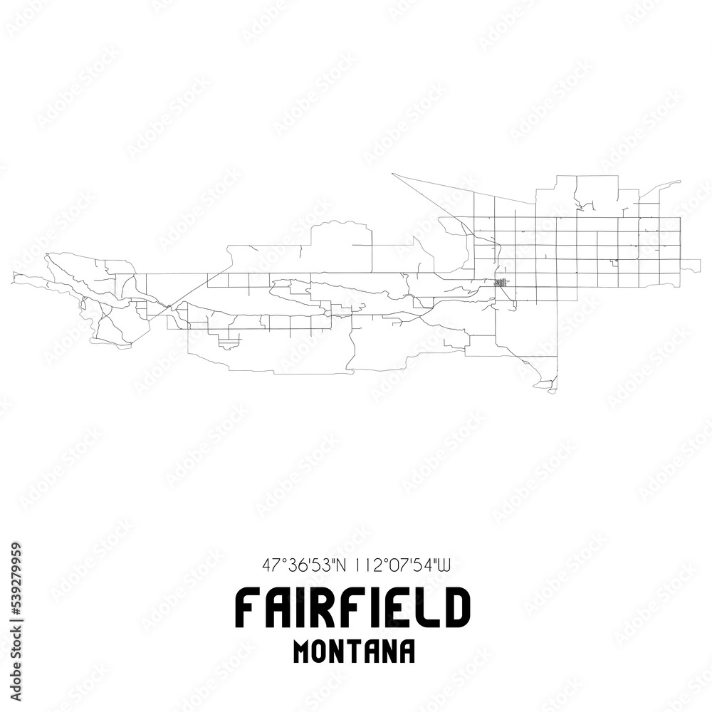 Fairfield Montana. US street map with black and white lines.