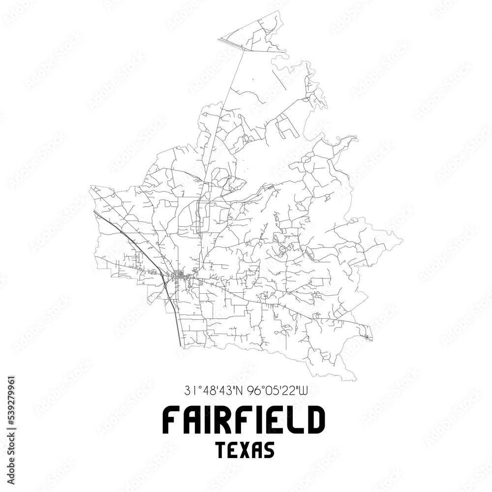 Fairfield Texas. US street map with black and white lines.