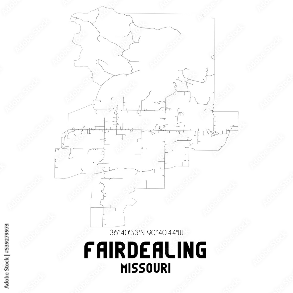 Fairdealing Missouri. US street map with black and white lines.