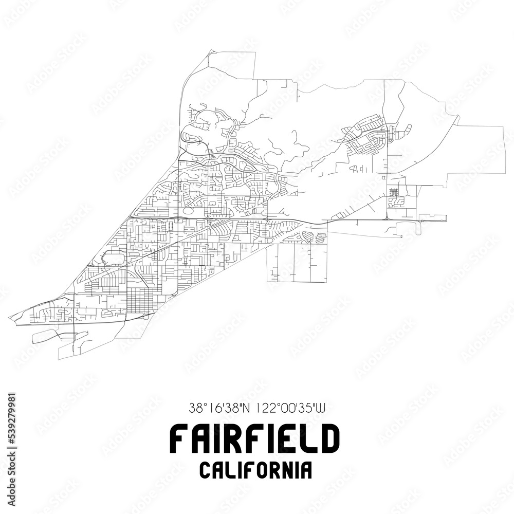 Fairfield California. US street map with black and white lines.