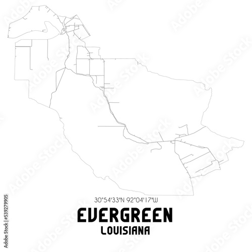 Evergreen Louisiana. US street map with black and white lines.