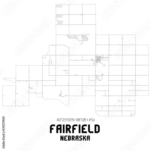 Fairfield Nebraska. US street map with black and white lines.